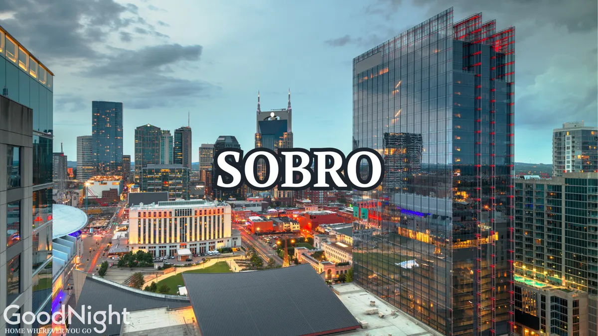 A sweeping view of the Nashville city skyline at dusk, with prominent buildings, glowing street lights, and green spaces visible. The image captures the city’s energetic urban vibe and hints at nightlife, dining, and live music opportunities.