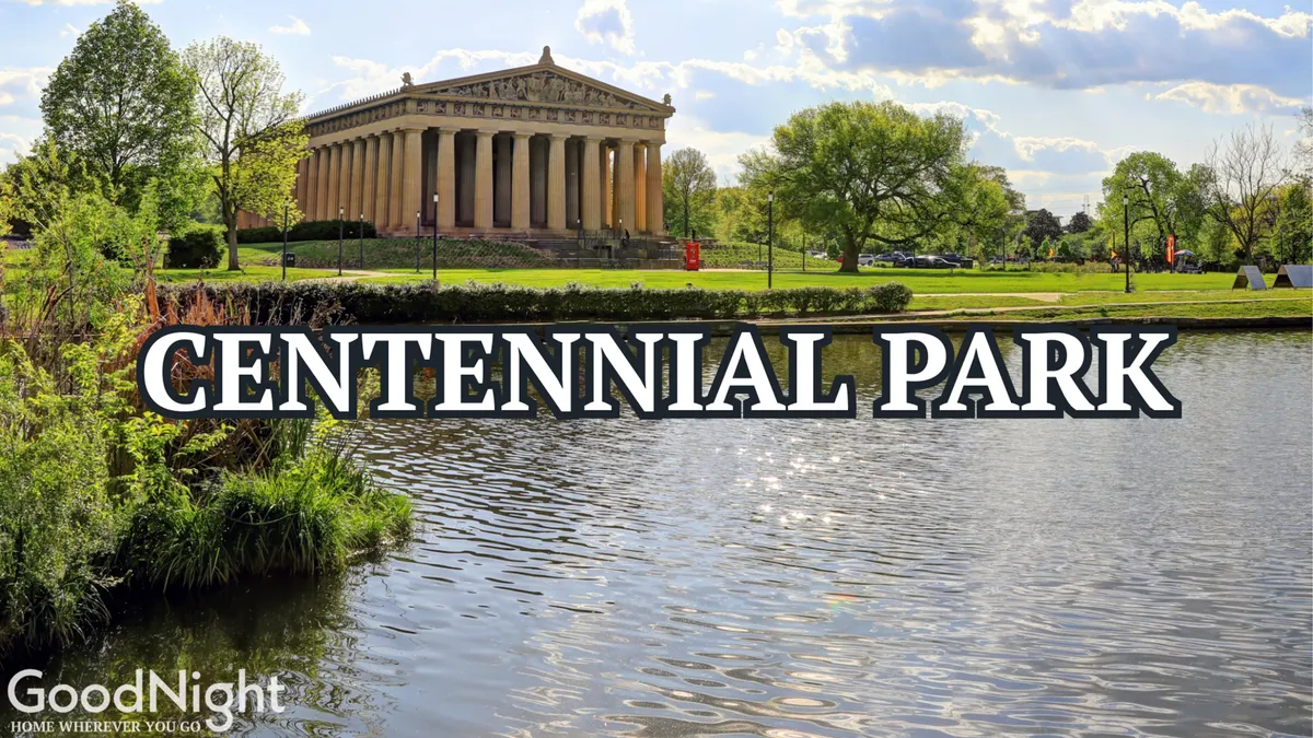 This exterior image captures The Parthenon, a landmark mentioned in the section, surrounded by lush greenery and a tranquil lake. People can be seen enjoying the park—walking, picnicking, and relaxing outdoors—which illustrates the family-friendly and recreational aspect of the neighborhood.